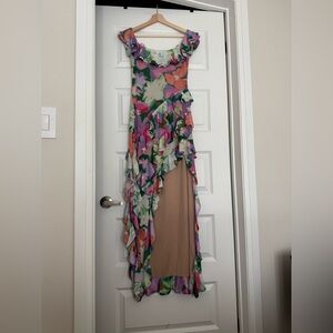 AFRM OFF-THE-SHOULDER RUFFLE MESH MIDI DRESS